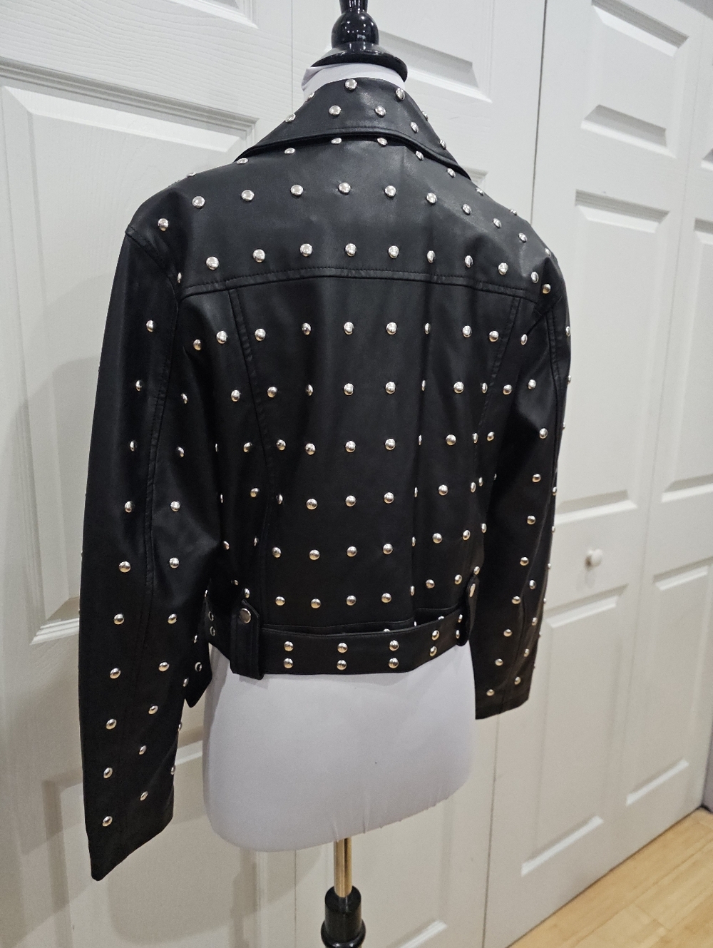 Forever 21 Punk Goth Black Silver Studded Faux Leather Zip Moto Jacket Coat S - Picture 5 of 12